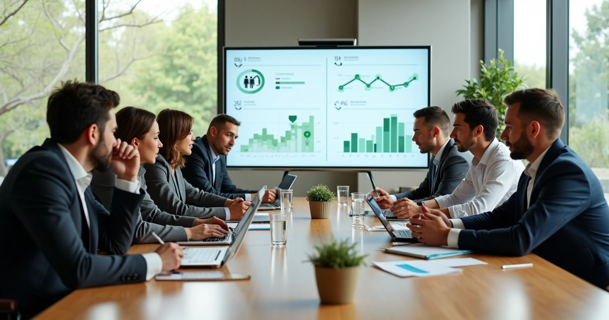 Equipo directivo analizando sostenibilidad y valor humano en una sala de reuniones moderna 