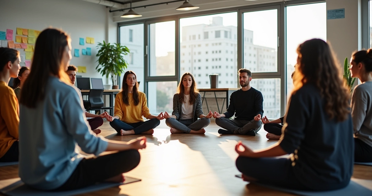 Grupo de trabajo diverso sentado en círculo meditando juntos en una oficina iluminada 