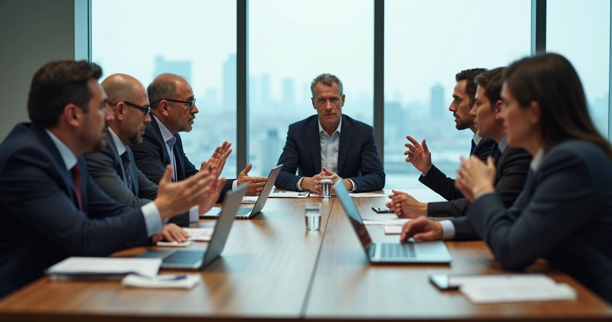 Equipo de trabajo en reunión tensa alrededor de una mesa de oficina 