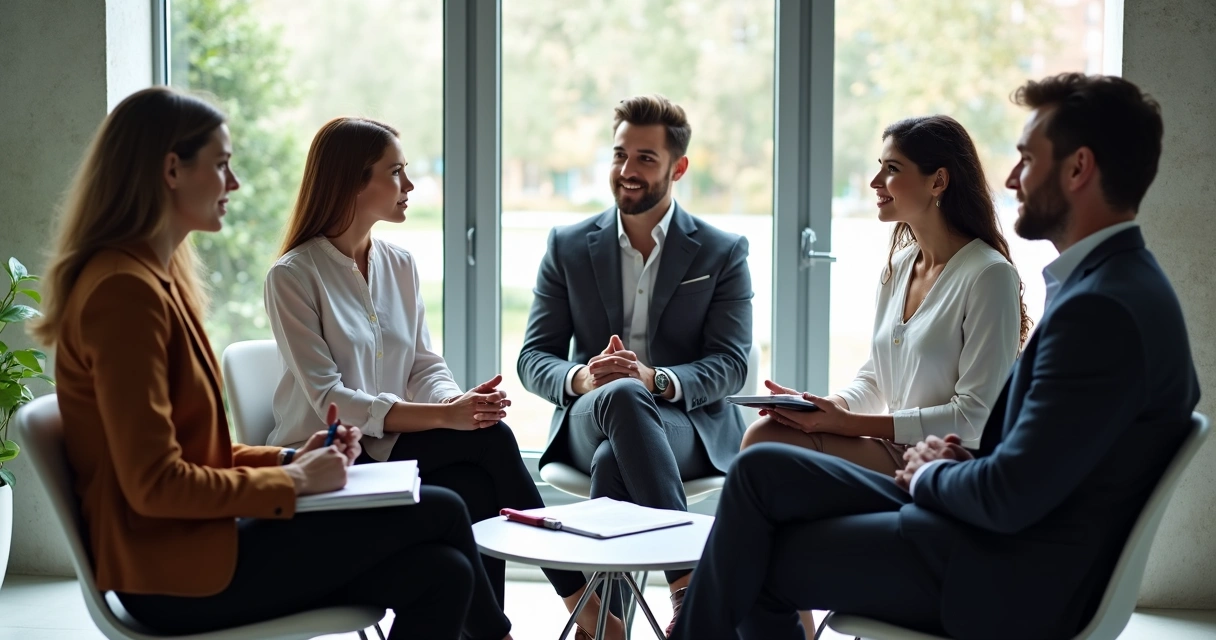 Grupo de personas sentadas en círculo conversando en una sala amplia y luminosa. 