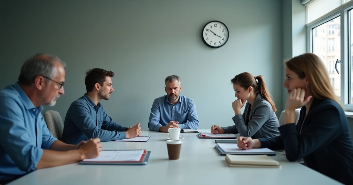 Equipo en silencio antes de una reunión de crisis
