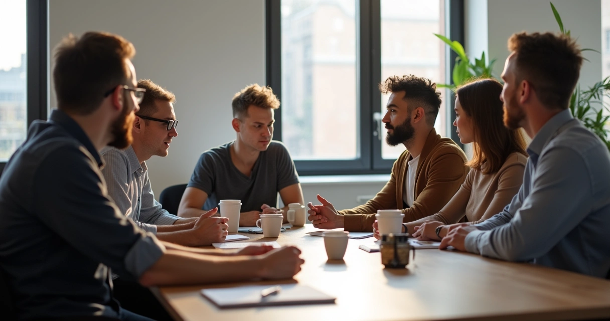 Grupo de personas de trabajo en reunión, mostrando atención y escucha 