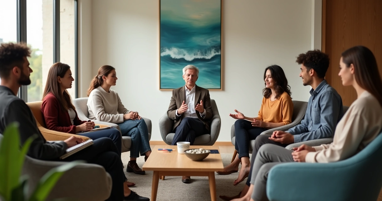 Equipo de trabajo sentado en círculo practicando escucha atenta 