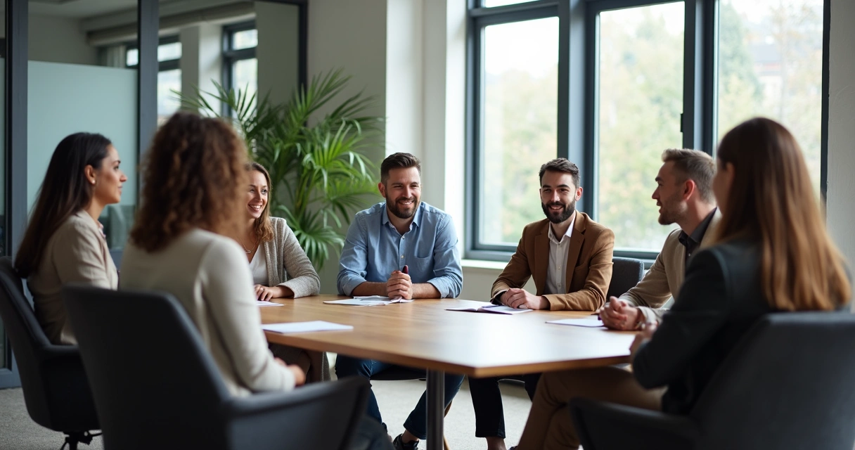 Equipo de trabajo sentado en círculo, escuchando atentamente a un compañero