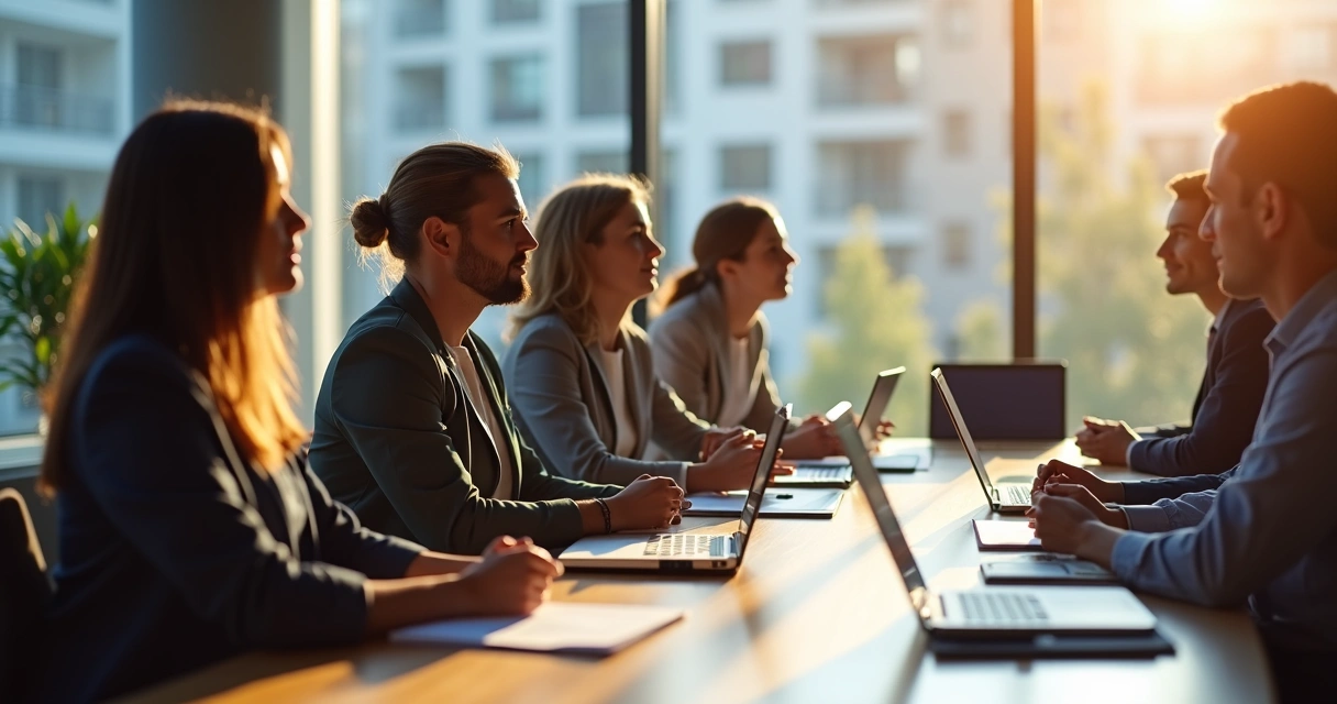 Grupo de personas en mesa de trabajo escuchando atentamente 
