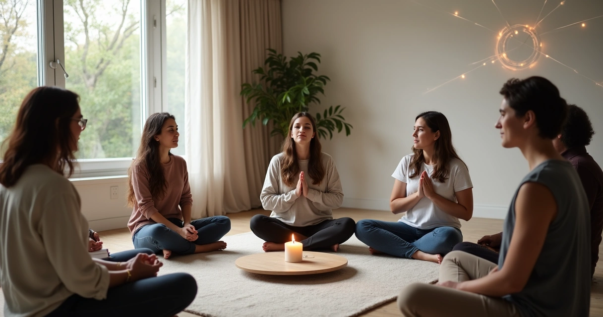 Equipo de trabajo en círculo con luz suave y símbolo sutil de conexión espiritual 