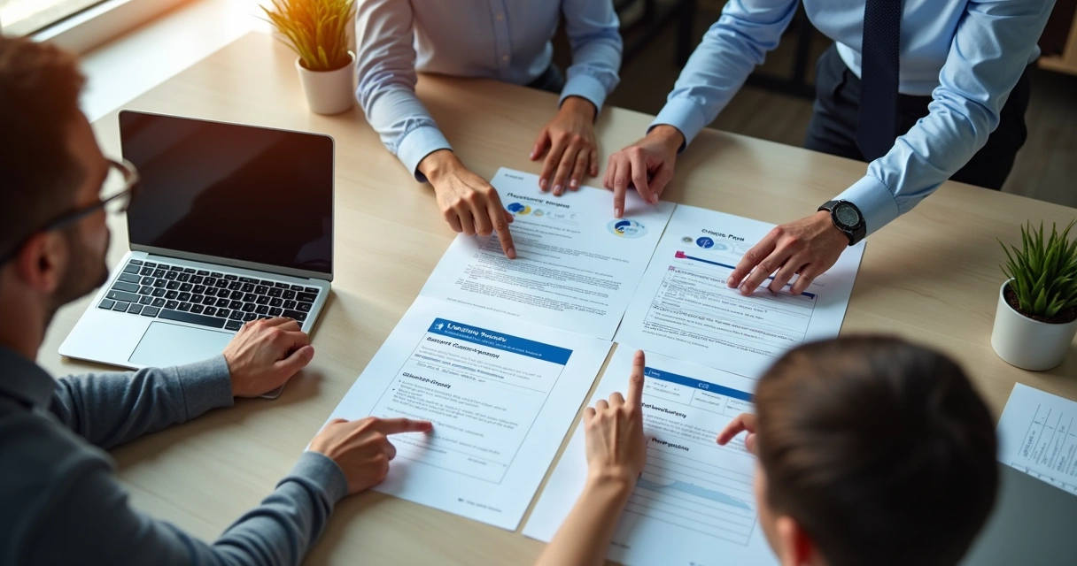 Equipo revisando decisiones digitales en una mesa de trabajo
