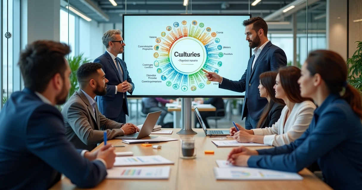 Equipo directivo observando un panel con indicadores de cultura organizacional 