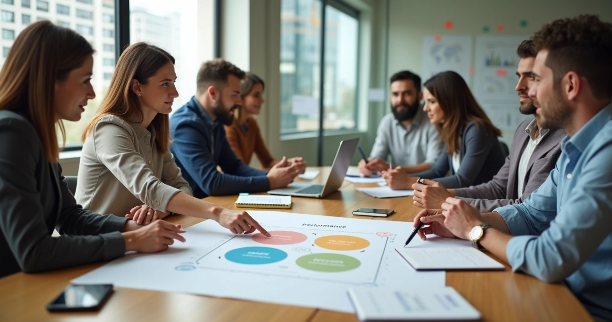 Equipo diverso analizando el desempeño humano en una reunión de trabajo 