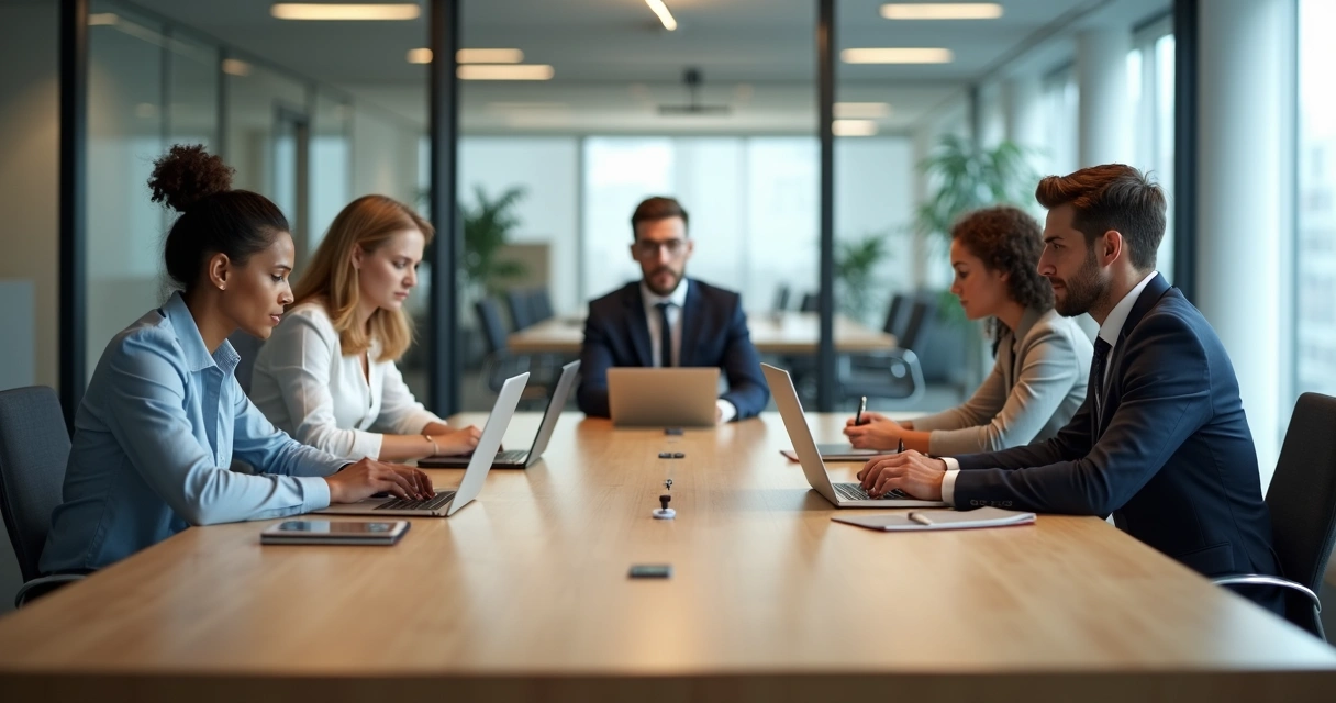 Equipo de trabajo evitando mirarse mientras una reunión tensa se desarrolla en una sala moderna 