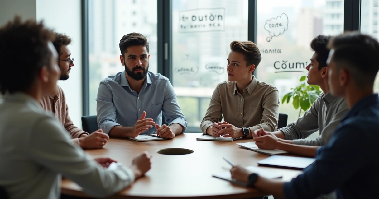 Reunión de equipo dando y recibiendo feedback de forma serena y colaborativa 