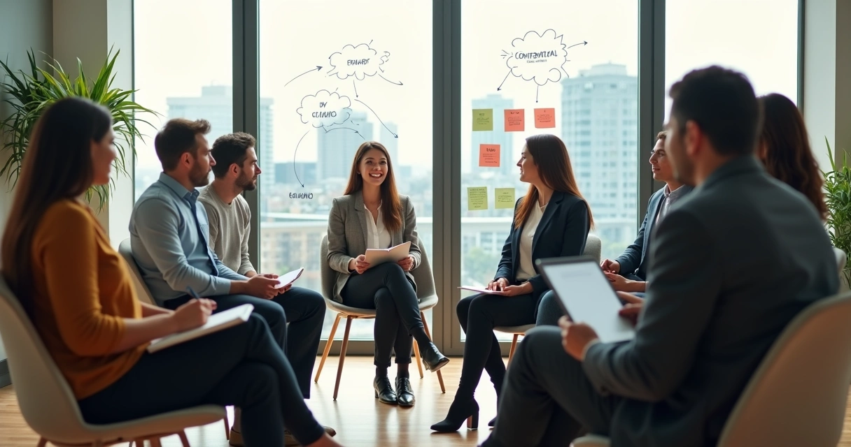 Reunión de equipo dando feedback consciente en una sala de reuniones moderna 