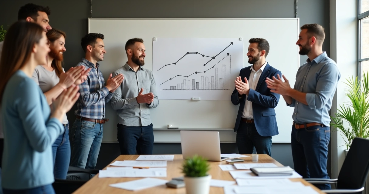 Equipo de trabajo celebrando un logro con alegría 