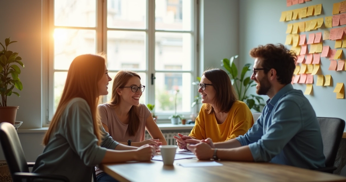 Equipo sonriente en reunión de trabajo