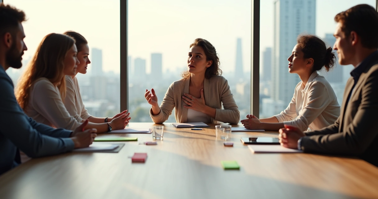 Grupo diverso en reunión gestionando emociones antes de tomar decisiones 