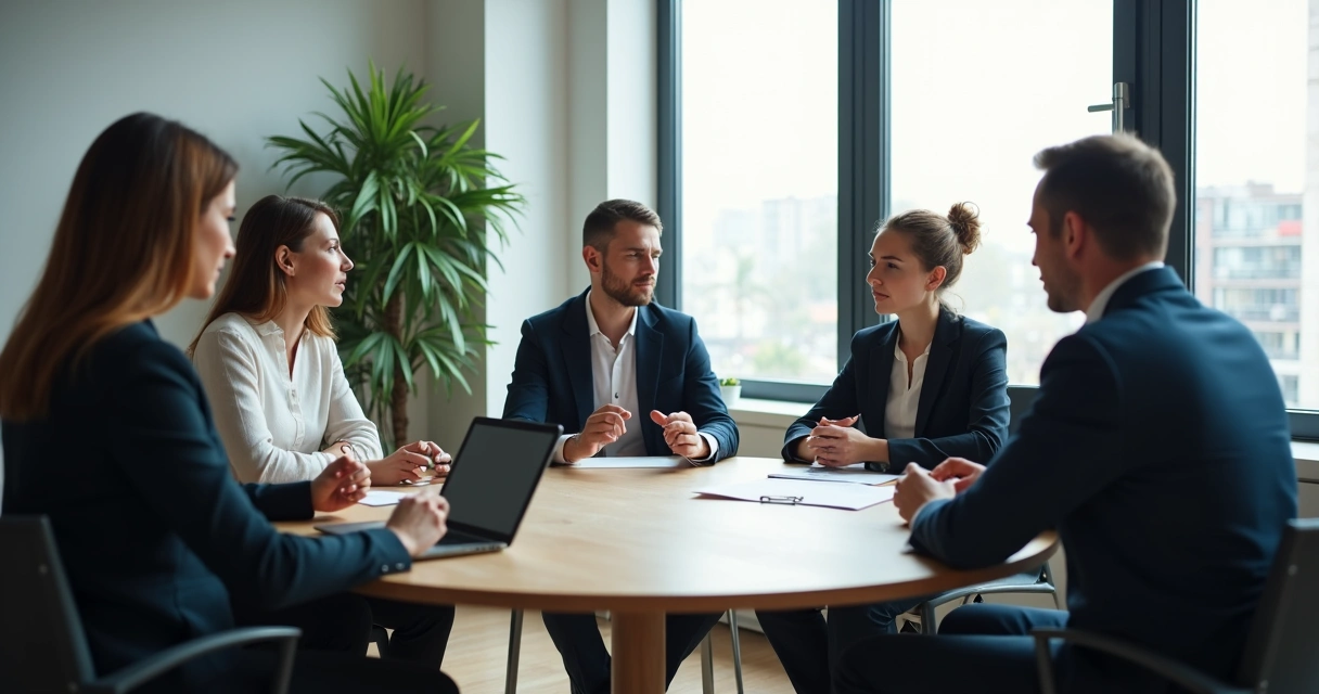 Personas sentadas en círculo debatiendo y gestionando conflicto en una sala de reuniones 