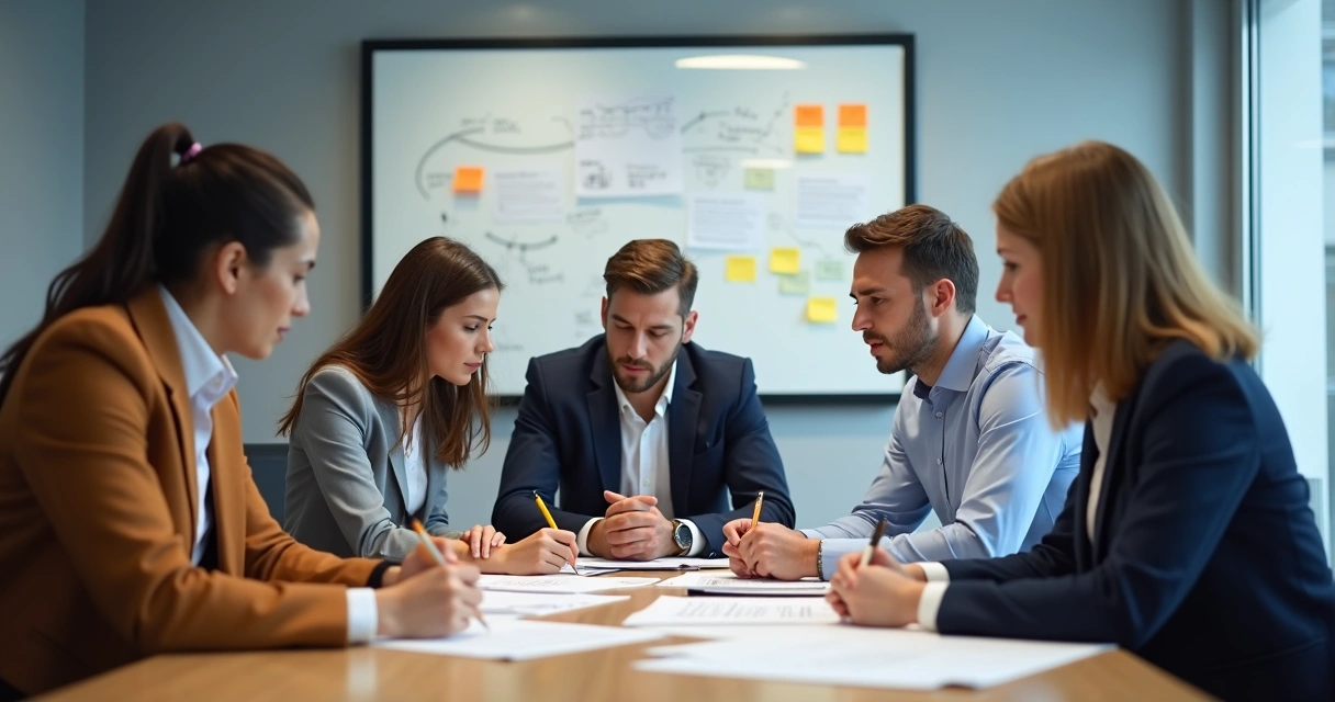 Equipo trabajando en equipo durante una crisis en sala de reuniones 