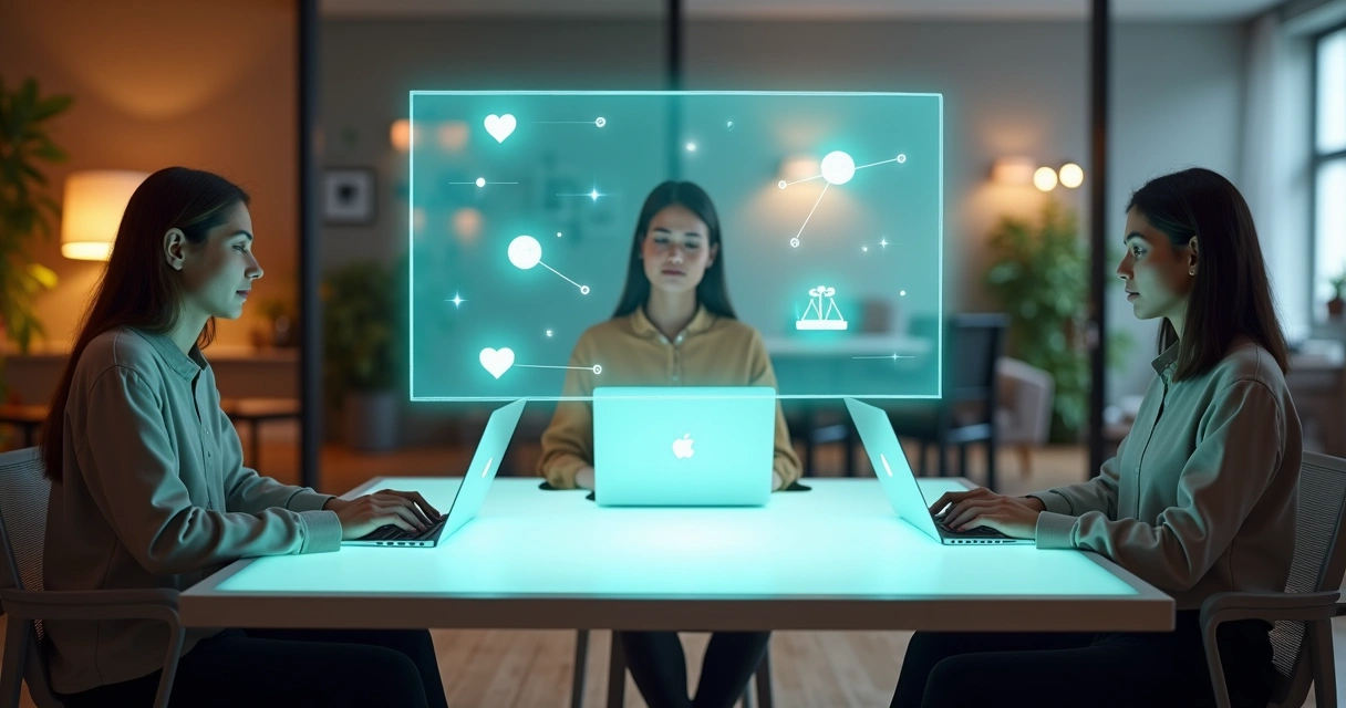 Equipo híbrido conectado a una mesa virtual compartida desde lugares distintos 