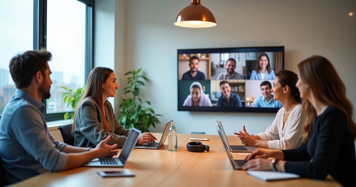 Reunión de equipo híbrido con personas en sala y en videollamada cuidando sus relaciones laborales 