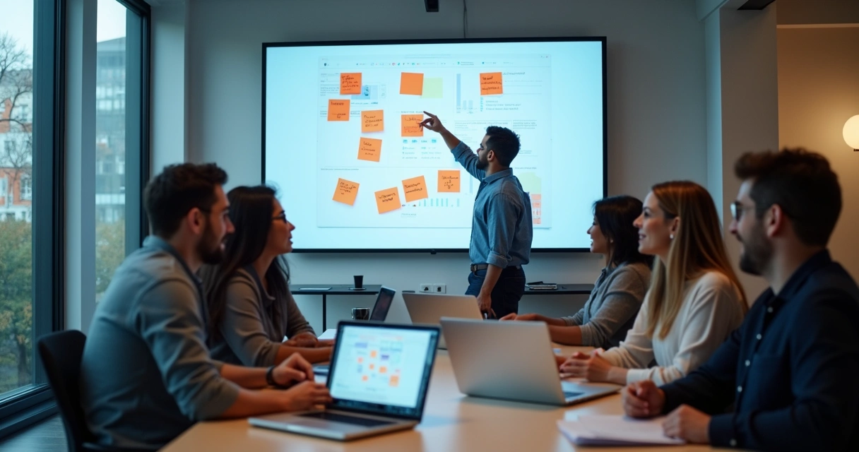 Equipo híbrido colaborando en oficina y videollamada 