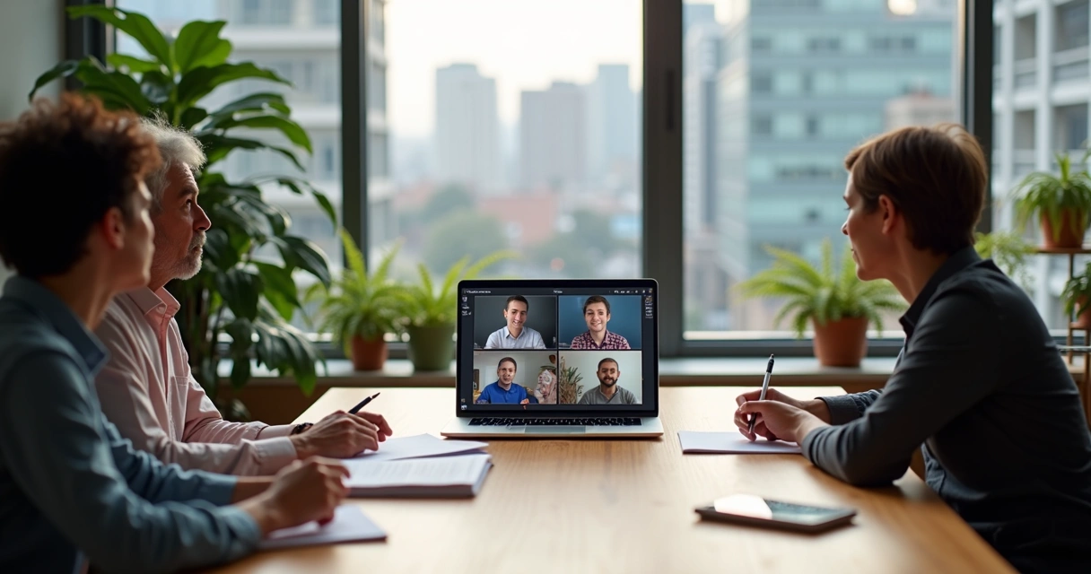Equipo híbrido colaborando con líneas digitales que conectan sus reuniones 