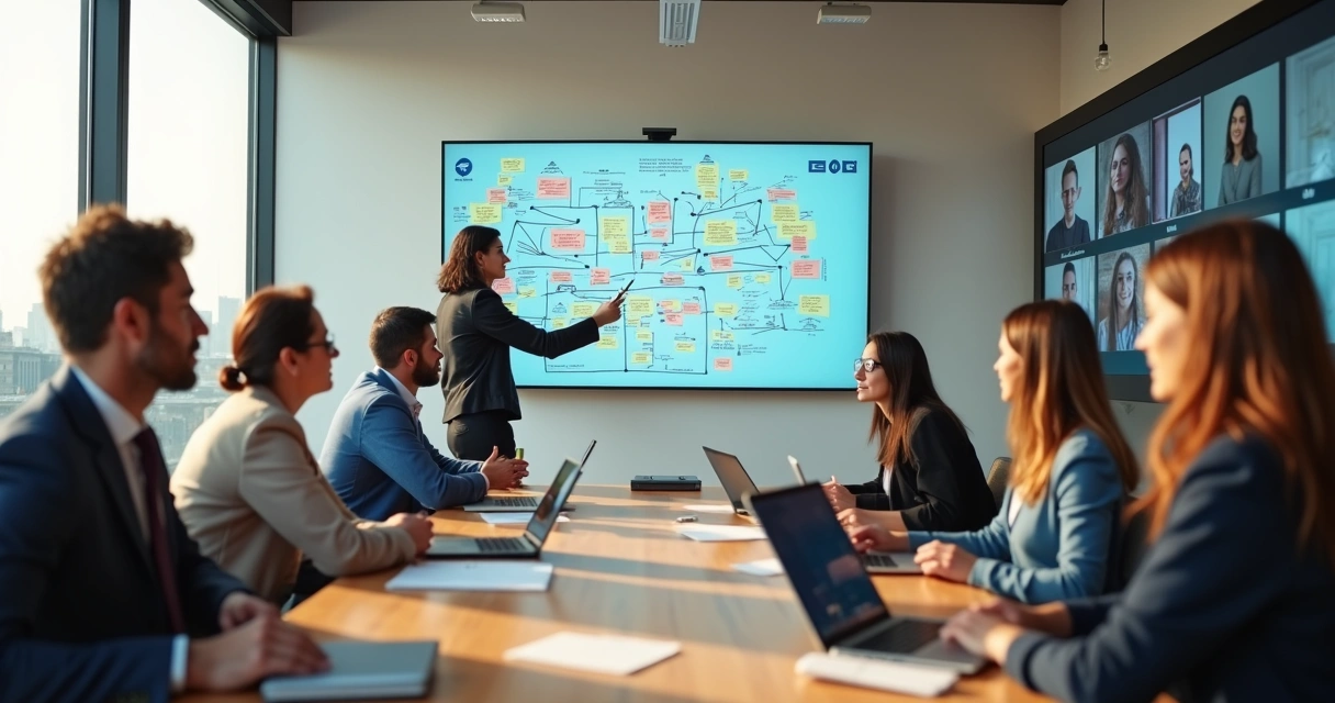 Equipo híbrido conectado en videollamada analizando un mapa sistémico en una pared 