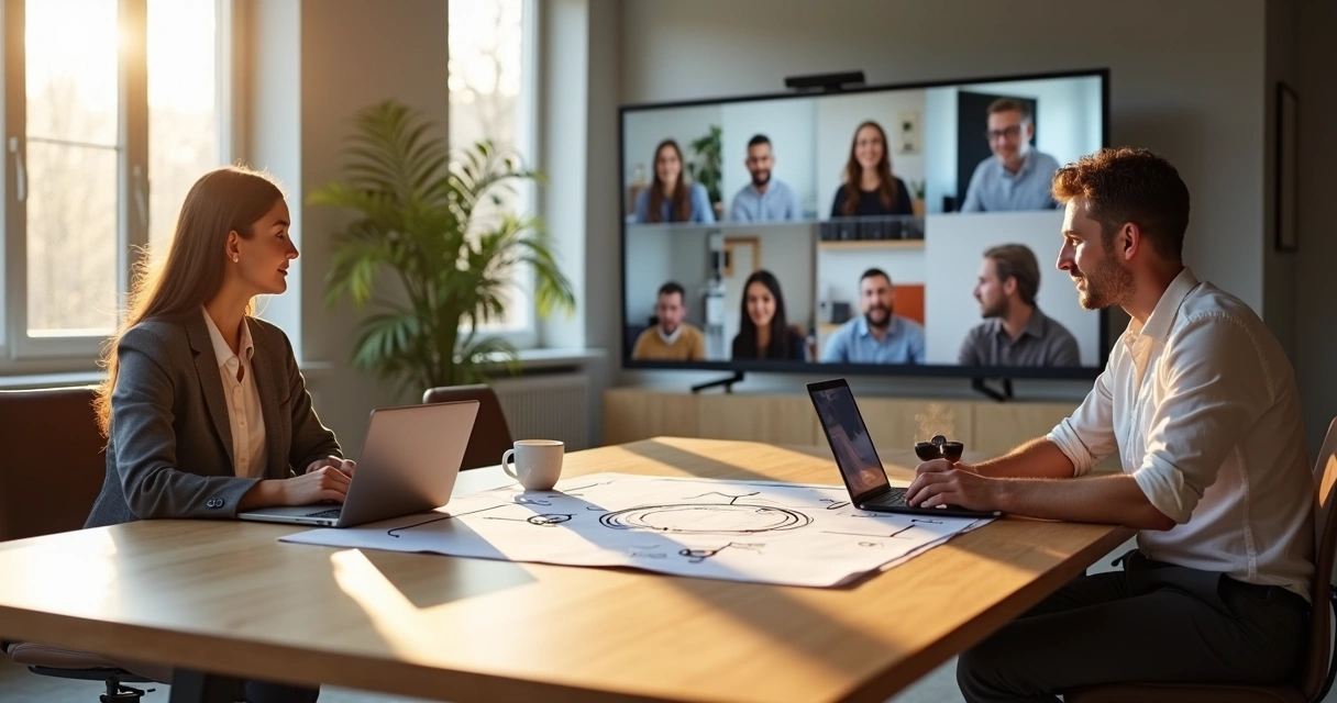 Equipo híbrido reunido en videollamada conectando propósito y autoconocimiento 