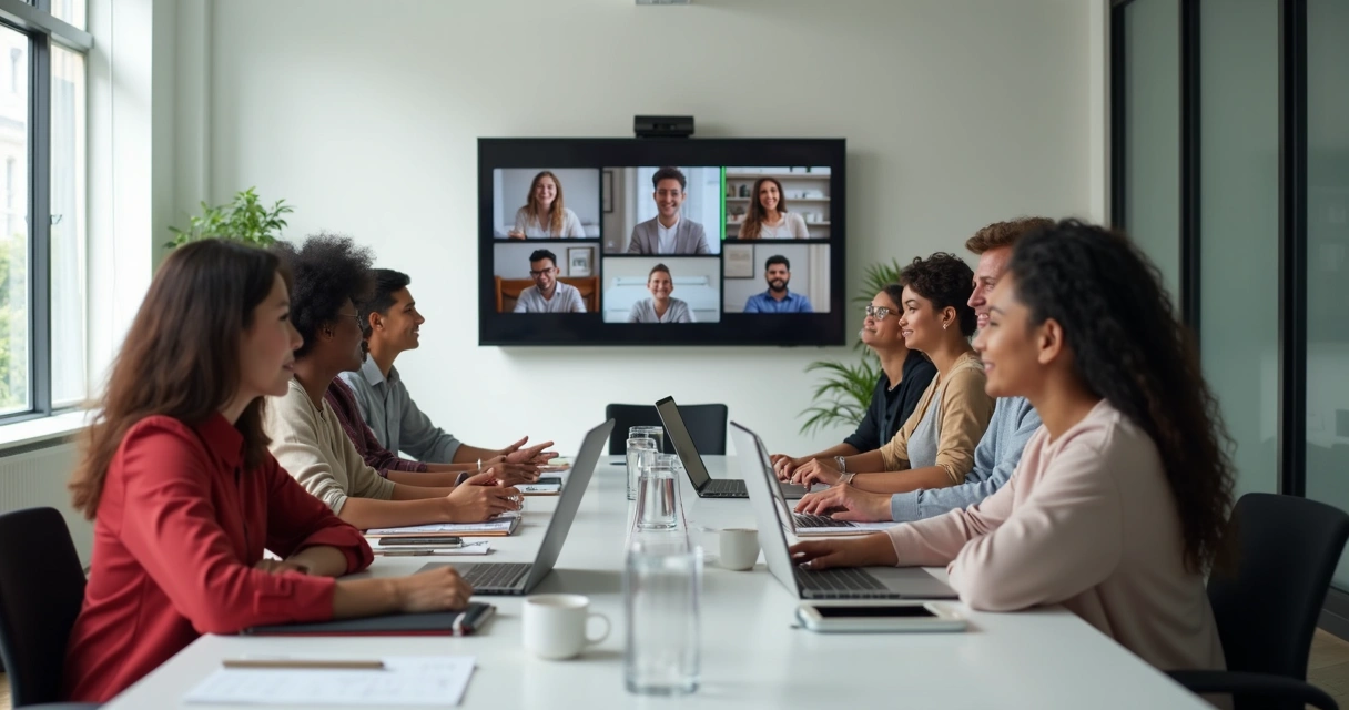 Equipo en videollamada y presencial reunidos juntos 