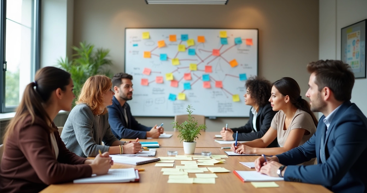 Equipo reunido con notas e hilos de conexión visual