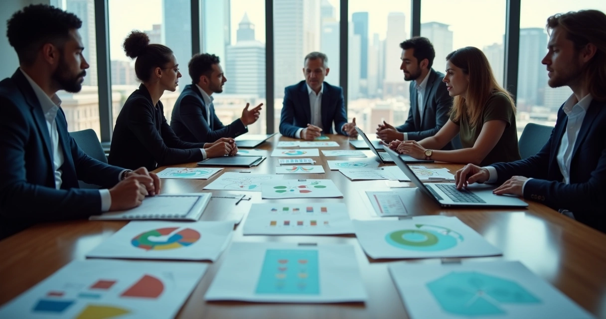 Personas conversando y trabajando en torno a una mesa con símbolos de impacto social y comunitario 