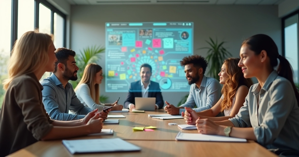 Equipo reunido diseñando ideas con notas y una interfaz digital 