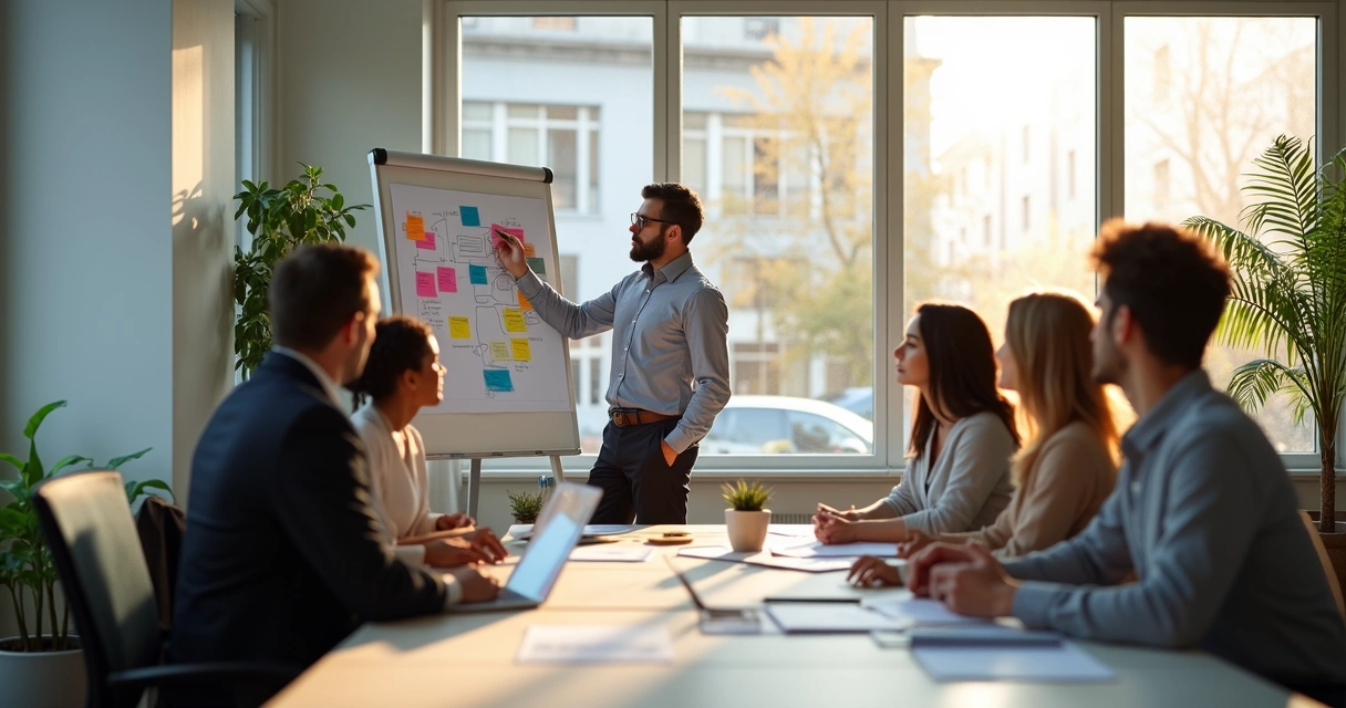 Equipo de trabajo colaborando en una oficina, compartiendo ideas frente a una pizarra 