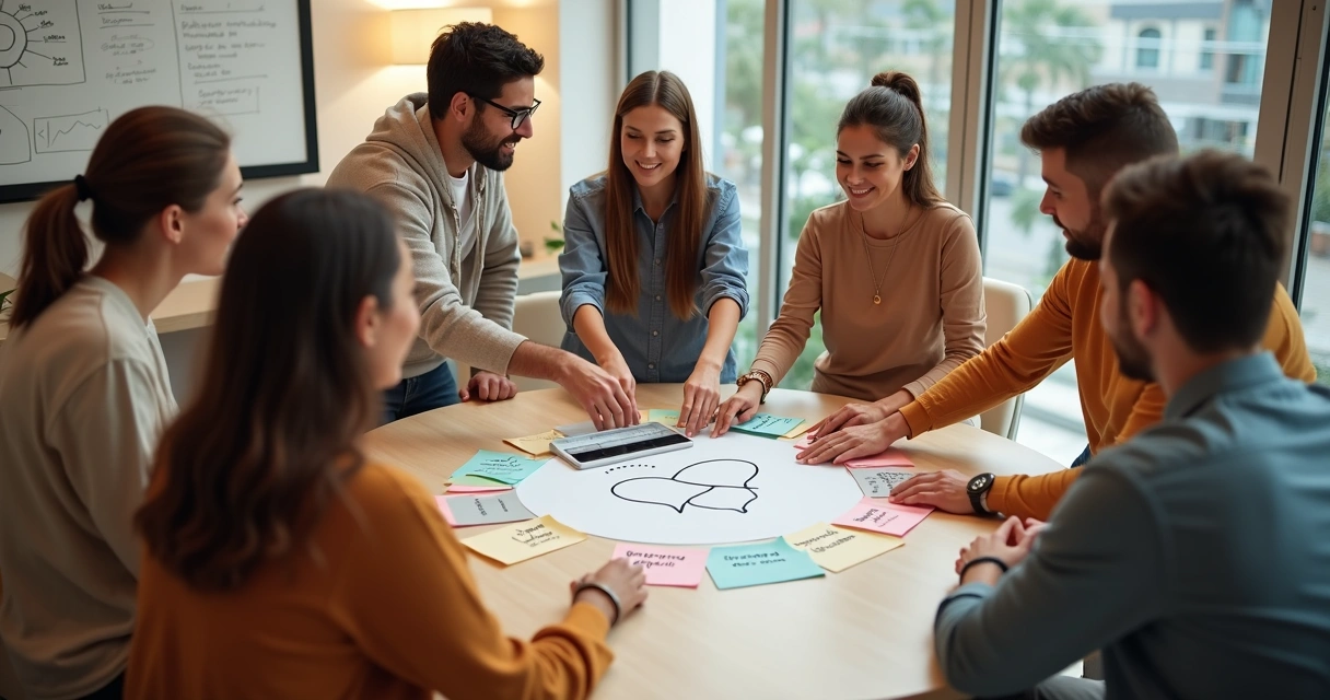 Equipo interdisciplinario reunido alrededor de una mesa formando un círculo con tarjetas de acuerdos emocionales 