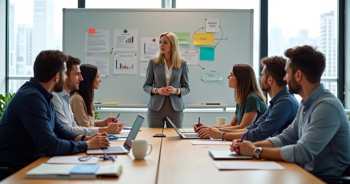 Equipo interdisciplinario maduro colaborando en una reunión de trabajo 