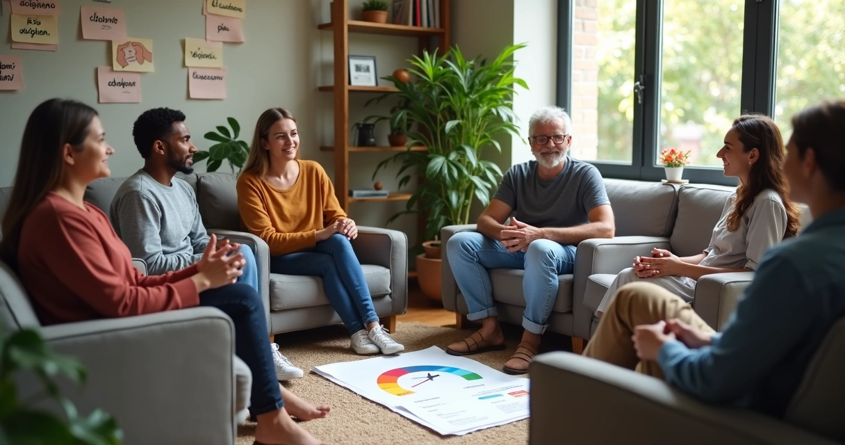 Equipo intergeneracional dialogando sobre emociones en un espacio de trabajo informal 