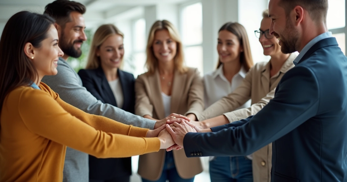Personas de diferentes orígenes unidas en círculo colocando sus manos juntas en el centro 