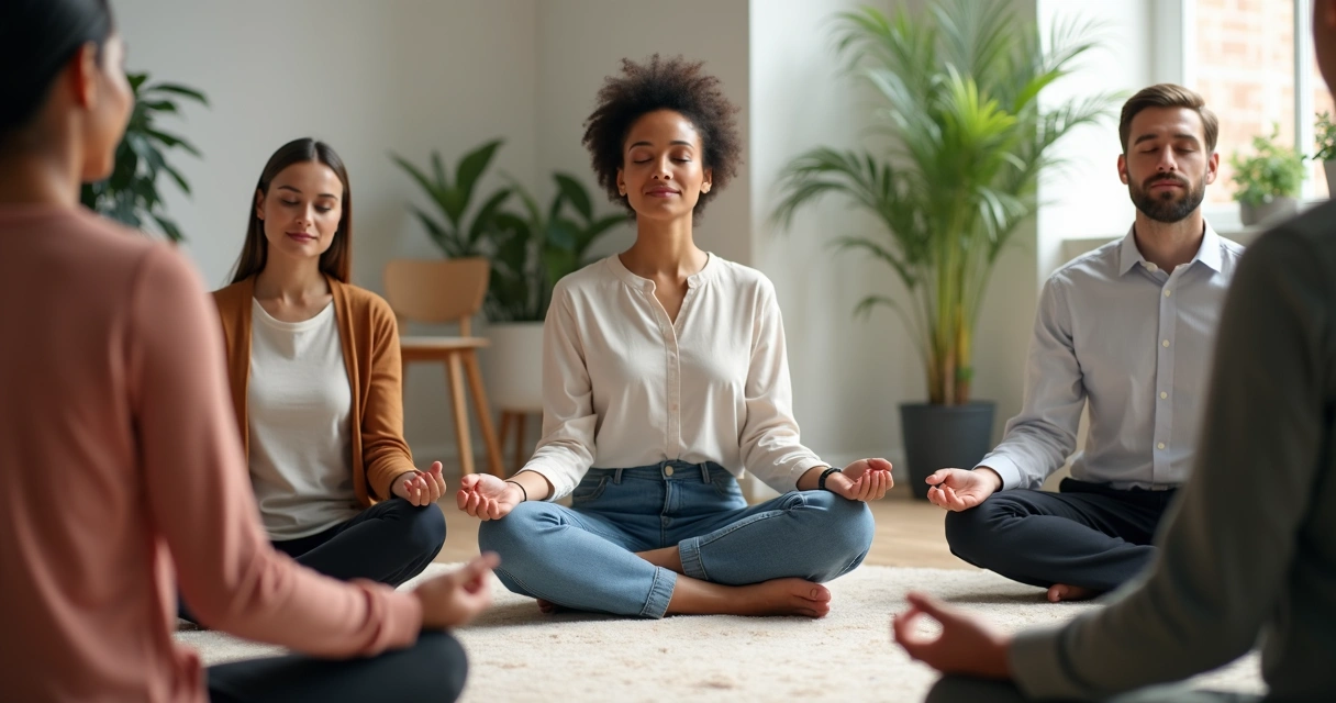 Equipo laboral sentado en círculo practicando una pausa de meditación, ambiente de calma. 