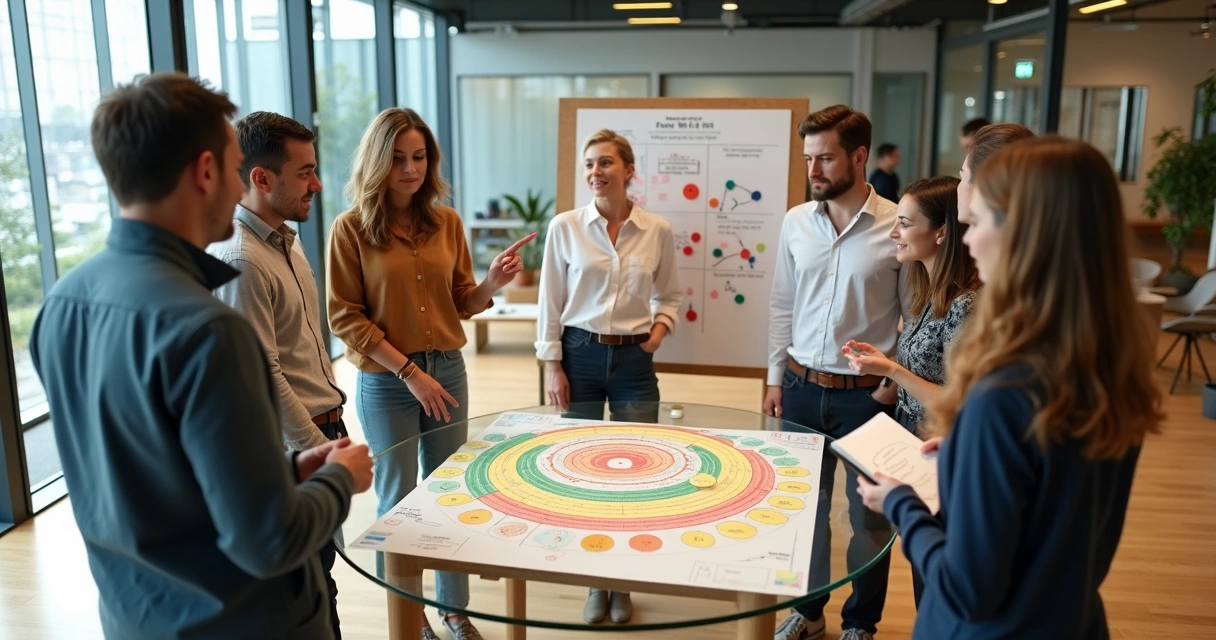 Equipo laboral formando círculo marcando niveles de emociones en panel de colores 