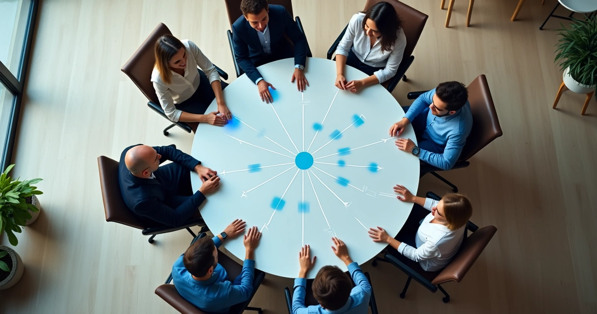 Equipo diverso de trabajo observado desde arriba, conectados por líneas que simbolizan relaciones laborales 