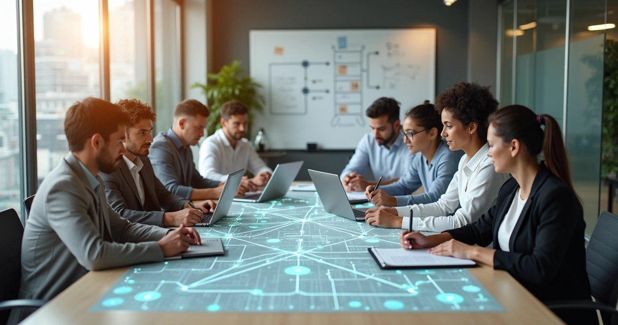 Equipo de trabajo analizando relaciones laborales con enfoque sistémico en oficina moderna 