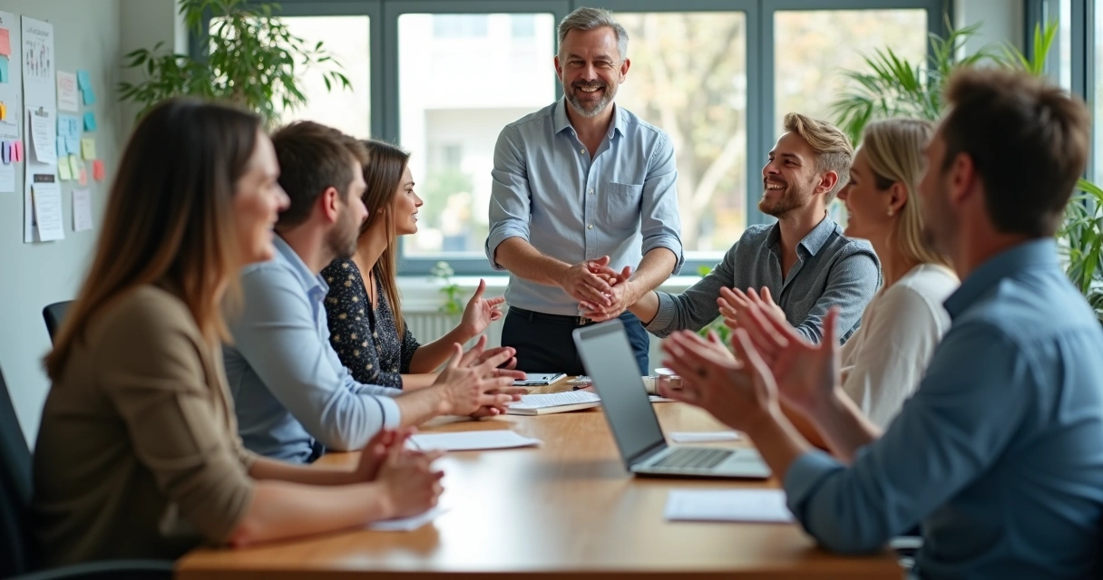 Equipo de trabajo diverso reunido en círculo mostrando distintos gestos de reconocimiento 