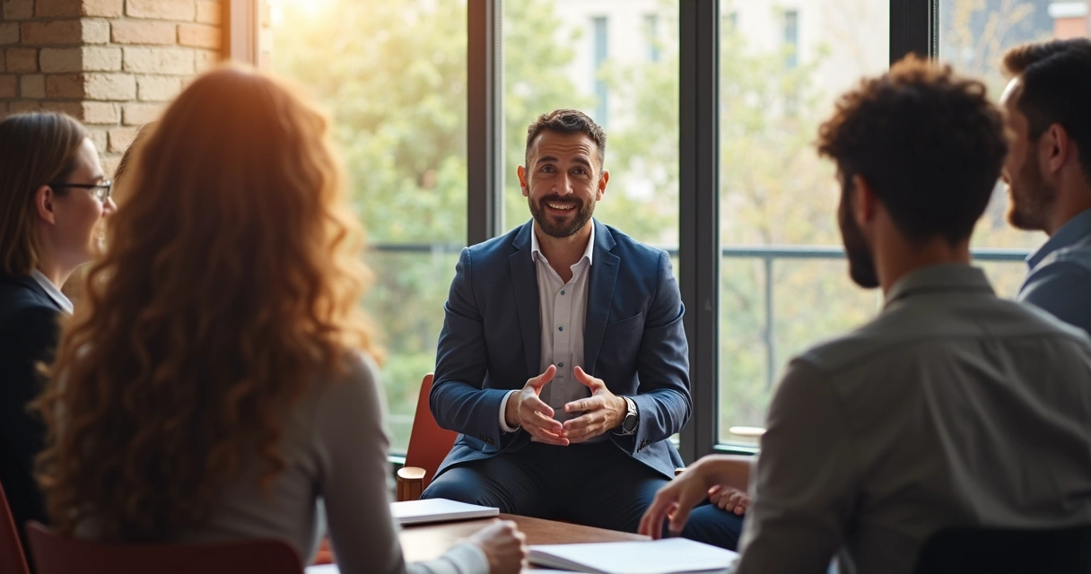 Equipo de trabajo en círculo dialogando, líder en el centro mostrando apertura emocional 
