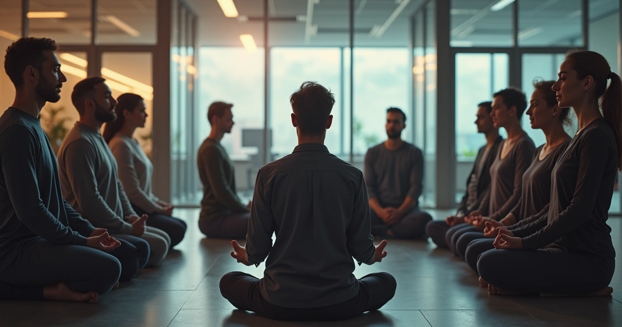 Grupo de trabajo empresarial con líder meditando al frente, equipo observa en círculo 