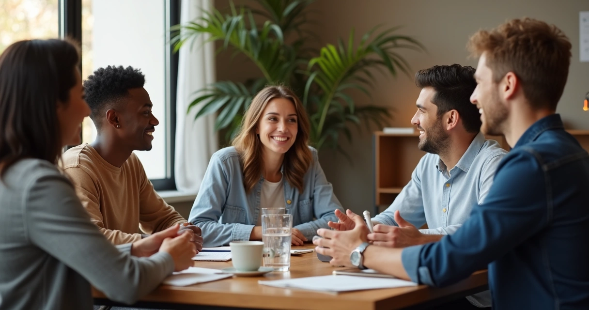 Grupo diverso de personas en reunión sonrientes, relajados y conectados, comunicación fluida