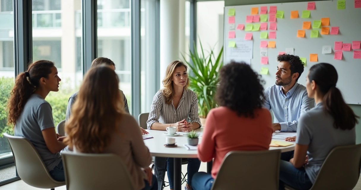 Equipo diverso reunido en círculo, compartiendo ideas en oficina luminosa