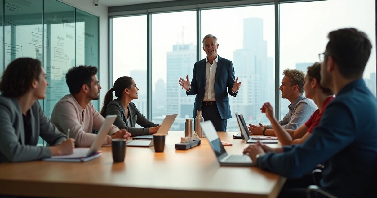 Equipo directivo observando líder consciente guiando reunión en oficina moderna 