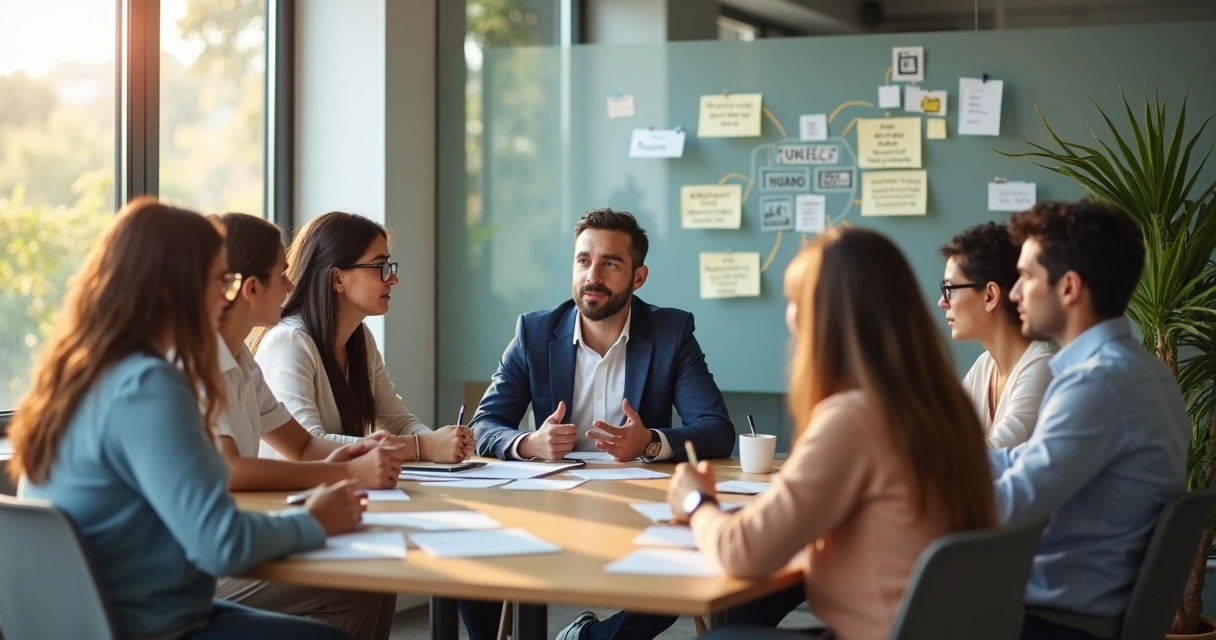 Equipo diverso en reunión colaborativa con líder facilitando el diálogo 