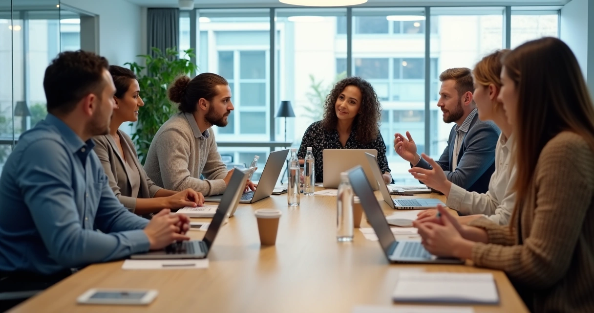Grupo de personas conversando y compartiendo ideas alrededor de una mesa en una oficina moderna.