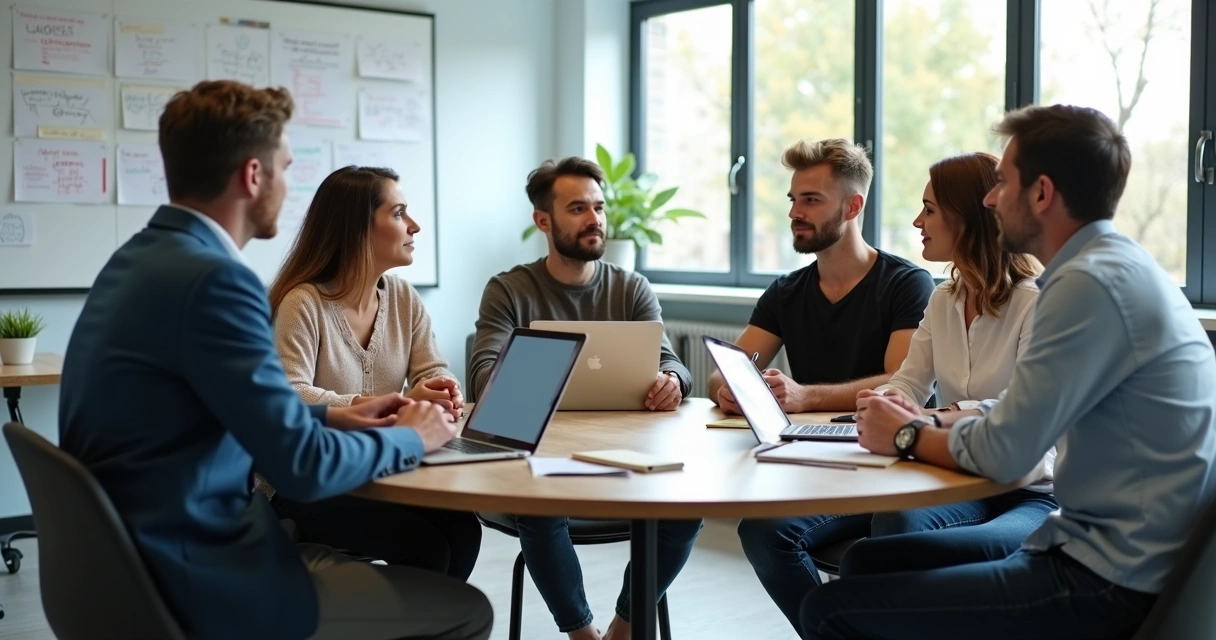 Personas diversas en mesa redonda discutiendo ideas