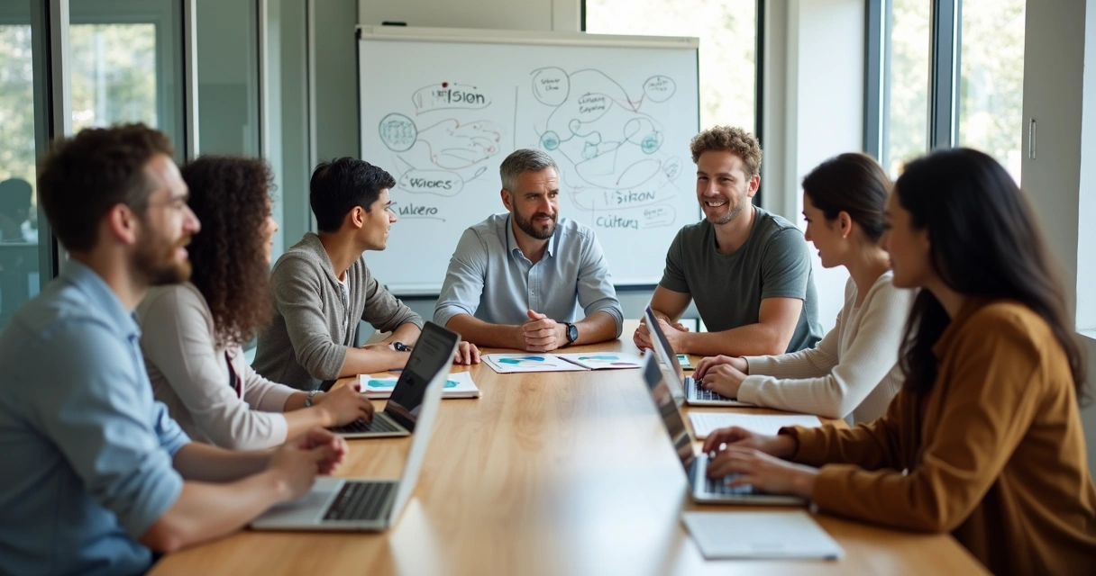 Equipo diverso en reunión colaborativa mostrando madurez colectiva y liderazgo consciente 